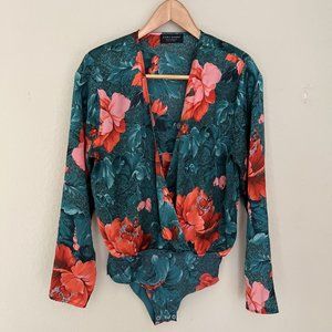ZARA Floral Bodysuit S | Teal & Peach
